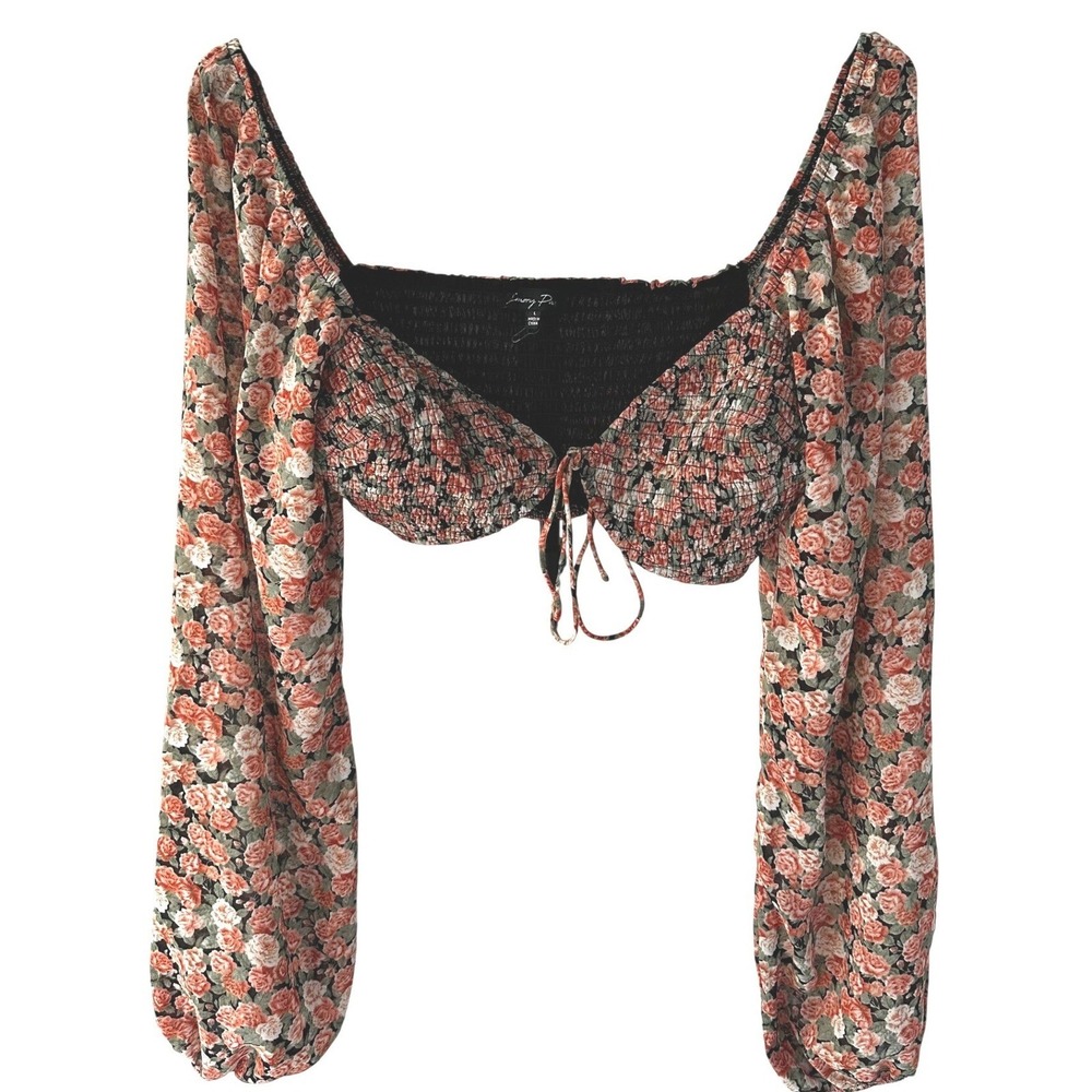 Emory Park Floral Smocked Crop Top Long Sleeve Tie Front Rose Print Large Summer